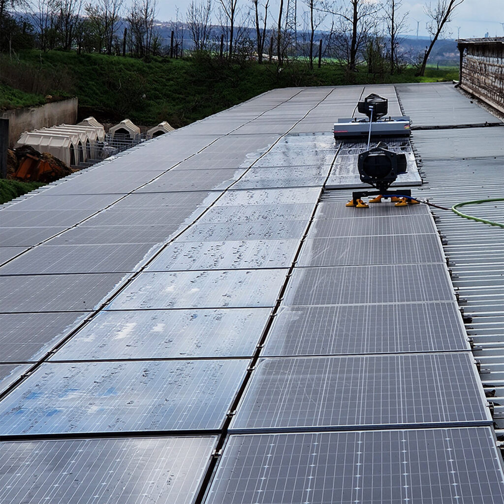 Solarreinigung mit Solar-Reinigungsroboter. Eine PV-Modulreihe ist gereinigt und glänzt, die anderen sind noch schmutzig und müssen gereinigt werden von SoluShine, der Solarreinigung in Sachsen, Sachsen-Anhalt, Thüringen und Brandenburg.